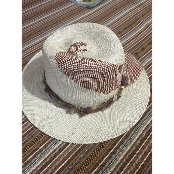 Frances Grey Hand Woven Straw Panama Hat Two Tone Cream Brown Wide Brim Fedora - Picture 7 of 14